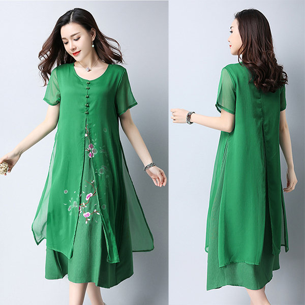 เดรสยาวผ้าฝ้ายญี่ปุ่นปักลายดอก ชายพริ้วสวย (11811M)