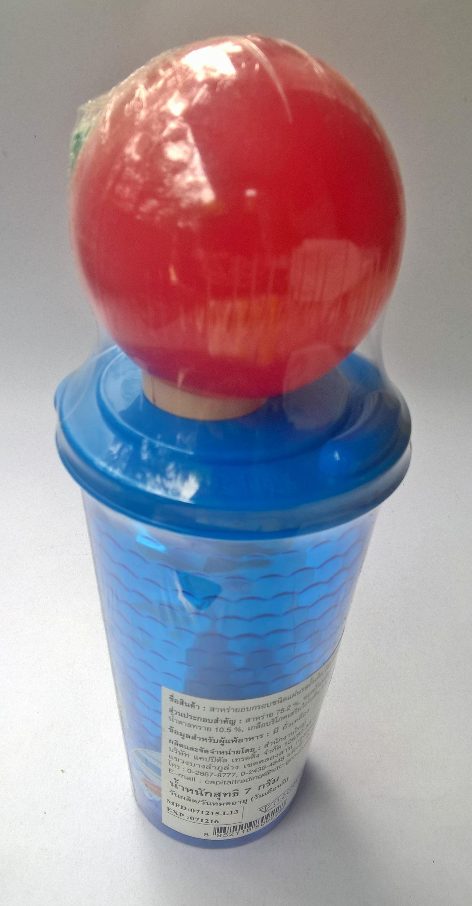 แก้วน้ำสำหรับสะสม**ไม่ควรทานสาหร่ายในแก้ว ตรา"Seleco",,ของสะสมจากสาหร่ายแบรนด์ซีลีโกะ "แก้วน้ำสีฟ้าพร้อมท็อปเปอร์หัวมาสค๊อตสาวผมแดง"