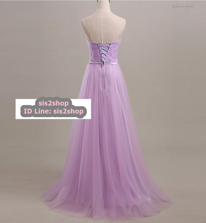 พร้อมส่ง ชุดราตรียาว เกาะอก สีม่วง คอเว้า Sweet Heart จับเดรป คลุมด้วยผ้าตาข่ายทั้งชุด ตัวกระโปรงพองสวย