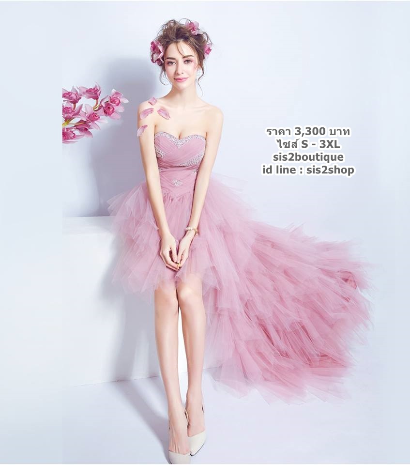 ชุดเจ้าสาว ชุดแฟนซี ชุดราตรีสั้น หน้าสั้นหลังยาว สีชมพู เกาะอก จับจีบ ปักเลื่อมช่วงอก กระโปรงเป็นชั้น เชือกผูกหลัง