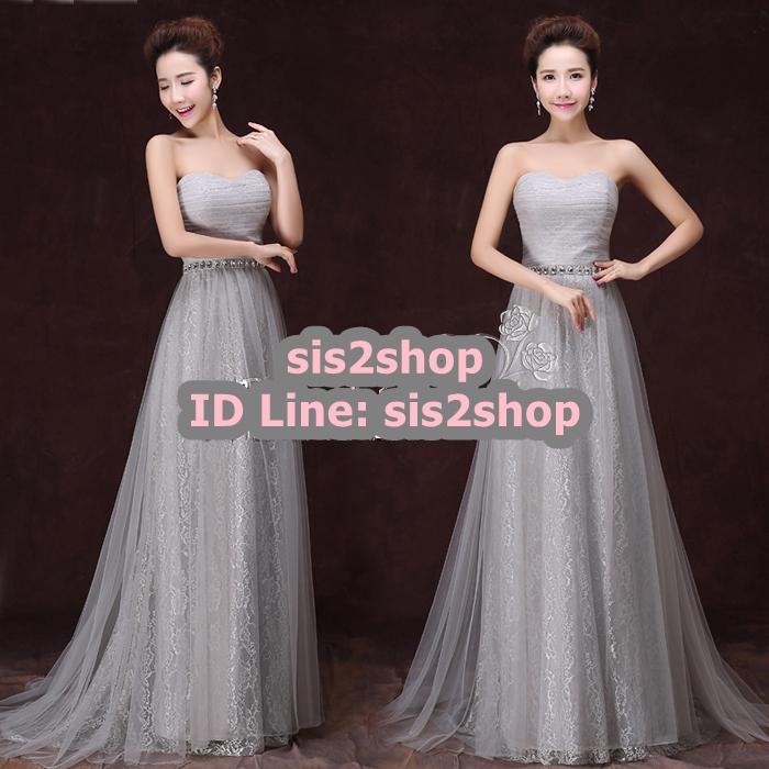 พร้อมส่ง ชุดราตรียาว เกาะอกสีเทาอ่อน เนื้อผ้าลายลูกไม้ ด้านนอกแต่งผ้าตาข่ายหรู ช่วงเอวแต่งเข็มขลัดเพชร