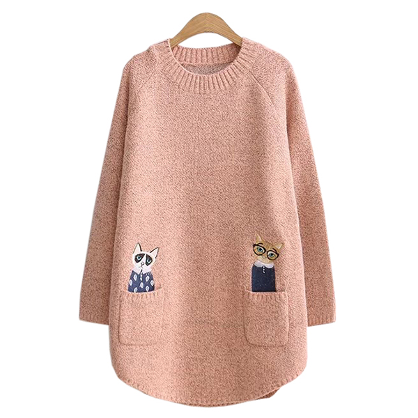 เสื้อไหมพรมวูลหนานุ่มตัวยาว แต่งกระเป๋าคู่ปักลายแมวน่ารัก (12348LM)