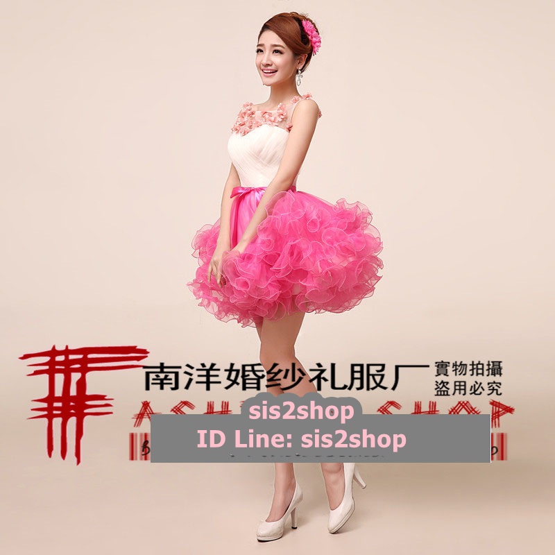 พร้อมเช่า ชุดแฟนซี ชุดราตรีสั้น กระโปรงผ้าแก้วย้วยพองฟู น่ารักมาก แต่งดอกไม้ช่วงอก สีชมพู