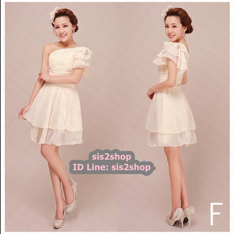 พร้อมส่ง ชุดราตรีสั้น ชุดเพื่อนเจ้าสาว สีครีม ไหล่เดียว