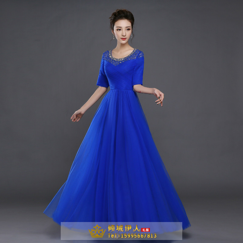 Pro-order ชุดราตรียาว แขนสั้น คอกลม ผ้าตาข่าย ปักเลื่อม จับจีบ ซิปหลัง ไซส์ใหญ่ XS-5XL