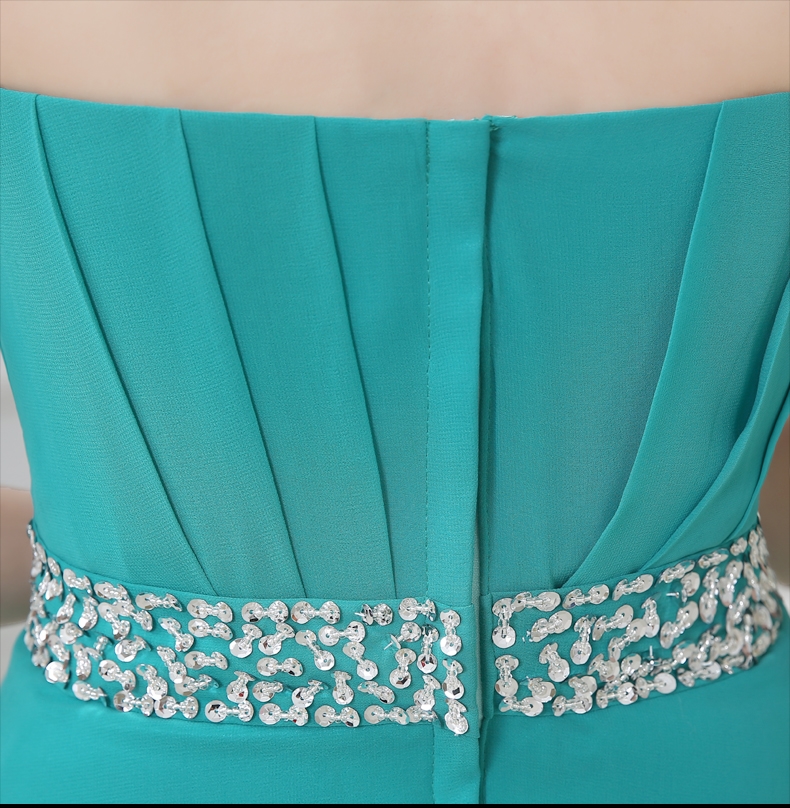 Pre-order ชุดราตรียาว เกาะอก สีฟ้าคราม ผ้าชีฟอง ปักเลื่อมที่อก และเอว ซิปหลัง