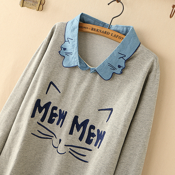 เสื้อสเวตเตอร์สไตล์วินเทจ คอปกเชิ้ต ผ้าคอตตอนนิ่มปักลายแมว (12318LM)