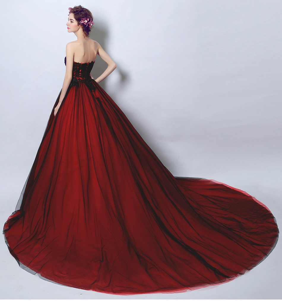 Pre-orderชุดแฟนซีชุดราตรียาวเกาะอกสีดำแดงแต่งผ้าลูกไม้สไตล์เจ้าหญิง