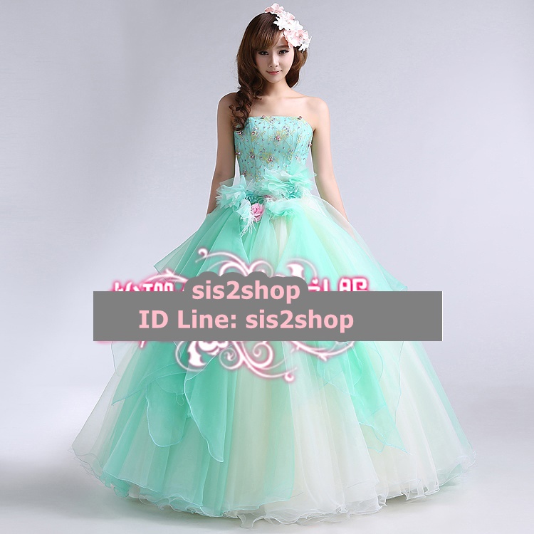 พร้อมเช่า ชุดแฟนซี ชุดราตรี สีเขียวมิ้นต์ แต่งระบายชายไม่เท่ากัน สวยเก๋