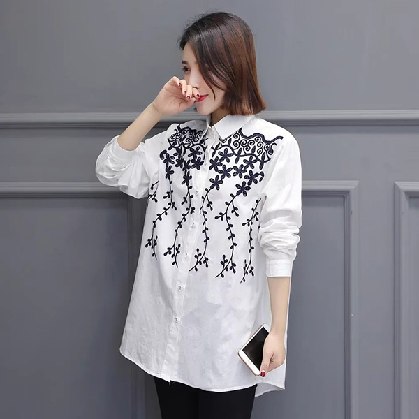 เสื้อเชิ้ตแขนยาว ปักลายดอกไม้สไตล์วินเทจ (12105LM)