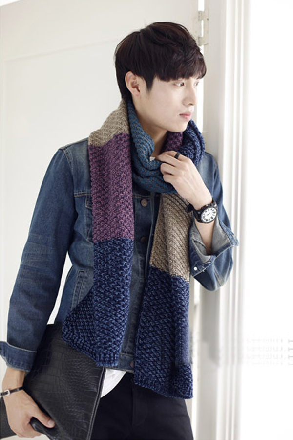 ผ้าพันคอไหมพรมถักลายตัดสี ผืนยาว ใช้ได้ทั้งหญิงและชาย (11307L)