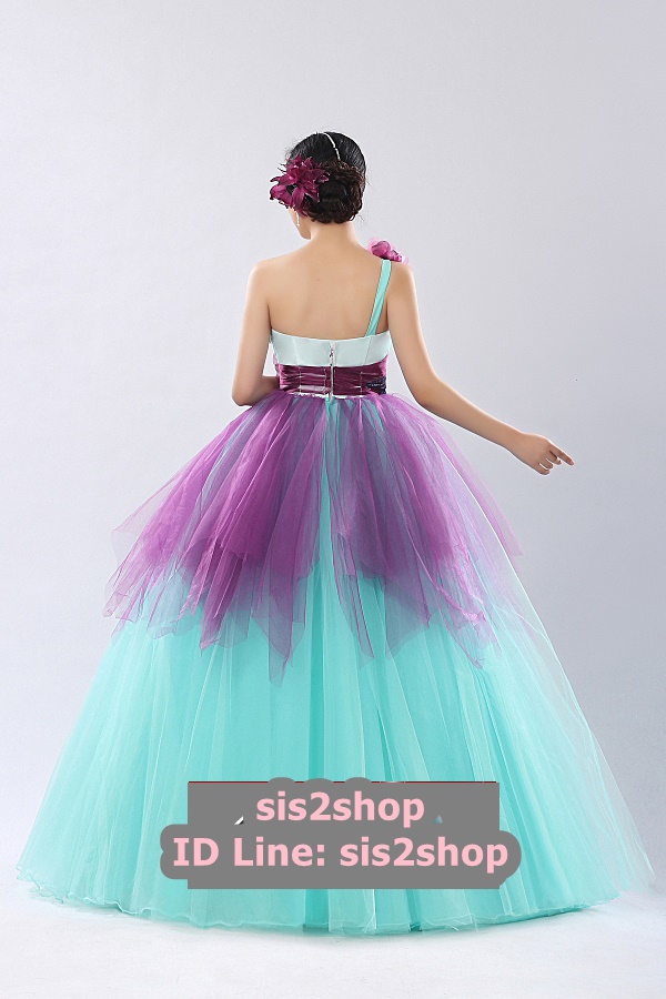 พร้อมเช่า ชุดแฟนซี ชุดราตรียาว สีฟ้ามิ้นต์ แต่งผ้าโปรงสีม่วง ประดับเลื่อมและดอกไม้