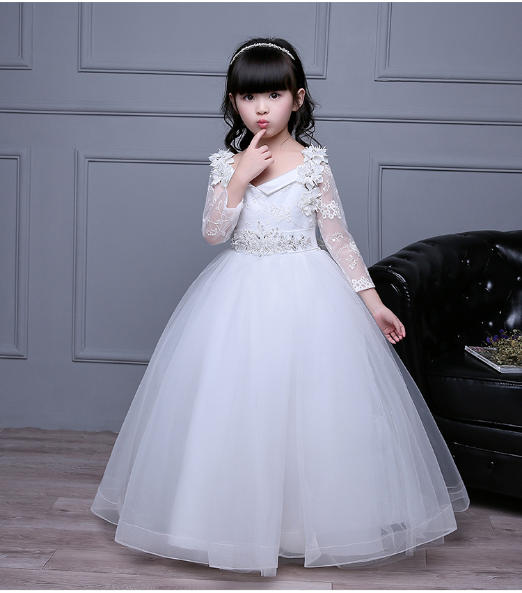 Pre-order ชุดราตรีเด็ก ชุดออกงาน ชุดกระโปรง สไตล์เจ้าหญิง แขนยาว คอกว้าง แต่งลูกไม้ กระโปรงตาข่ายฟู มีซิปหลัง