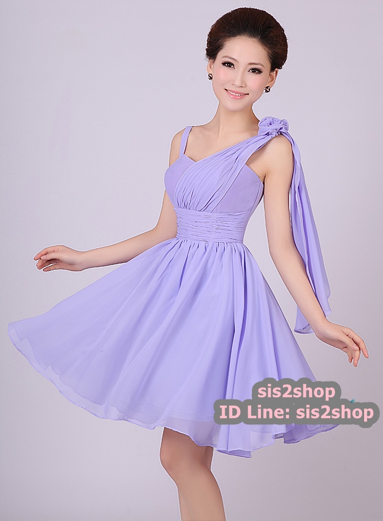 พร้อมส่ง ชุดราตรีสั้น เกาะอก ไหล่เดียว สีม่วง Lavender คาดผ้าจับเดรป ทิ้งชายด้านหลัง