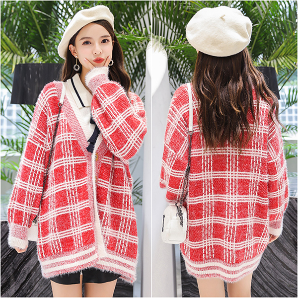 Premium Cardigan เสื้อคลุมไหมพรมขนนุ่ม คอวี ถักลายตาราง (12276B)