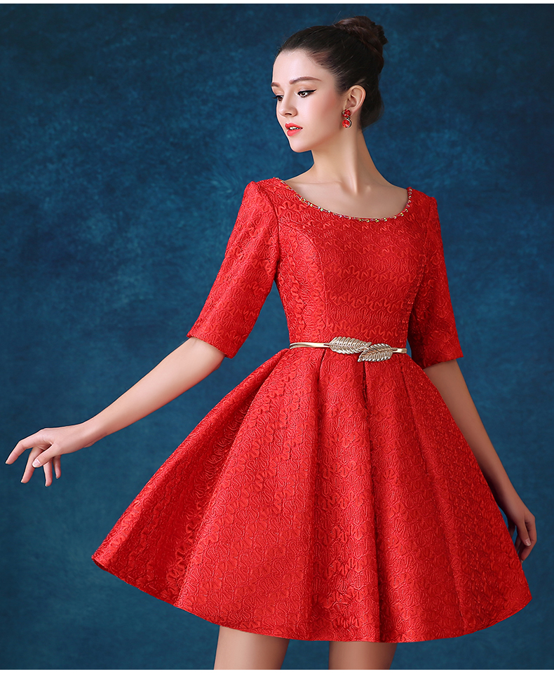 Pre-order ชุดราตรีสั้น ชุดเพื่อนเจ้าสาว สีชมพู สีแดง แขนกุด แต่งตัวชุดด้วยลูกไม้ ปักเลื่อม สวยหวาน เชือกผูกหลัง