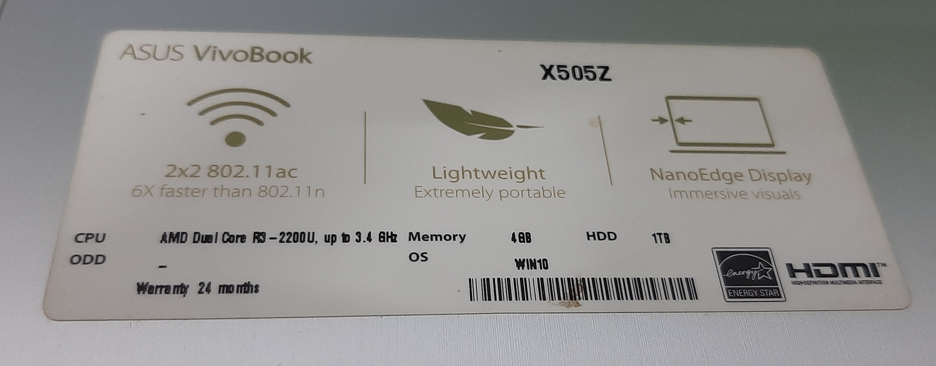 Notebook มือสอง ประกันร้าน 1 เดือน Asus X505Z (Ryzen3 2200U Ram4GB HDD1TB) พร้อม Adapter ฟรี!! กระเป๋า