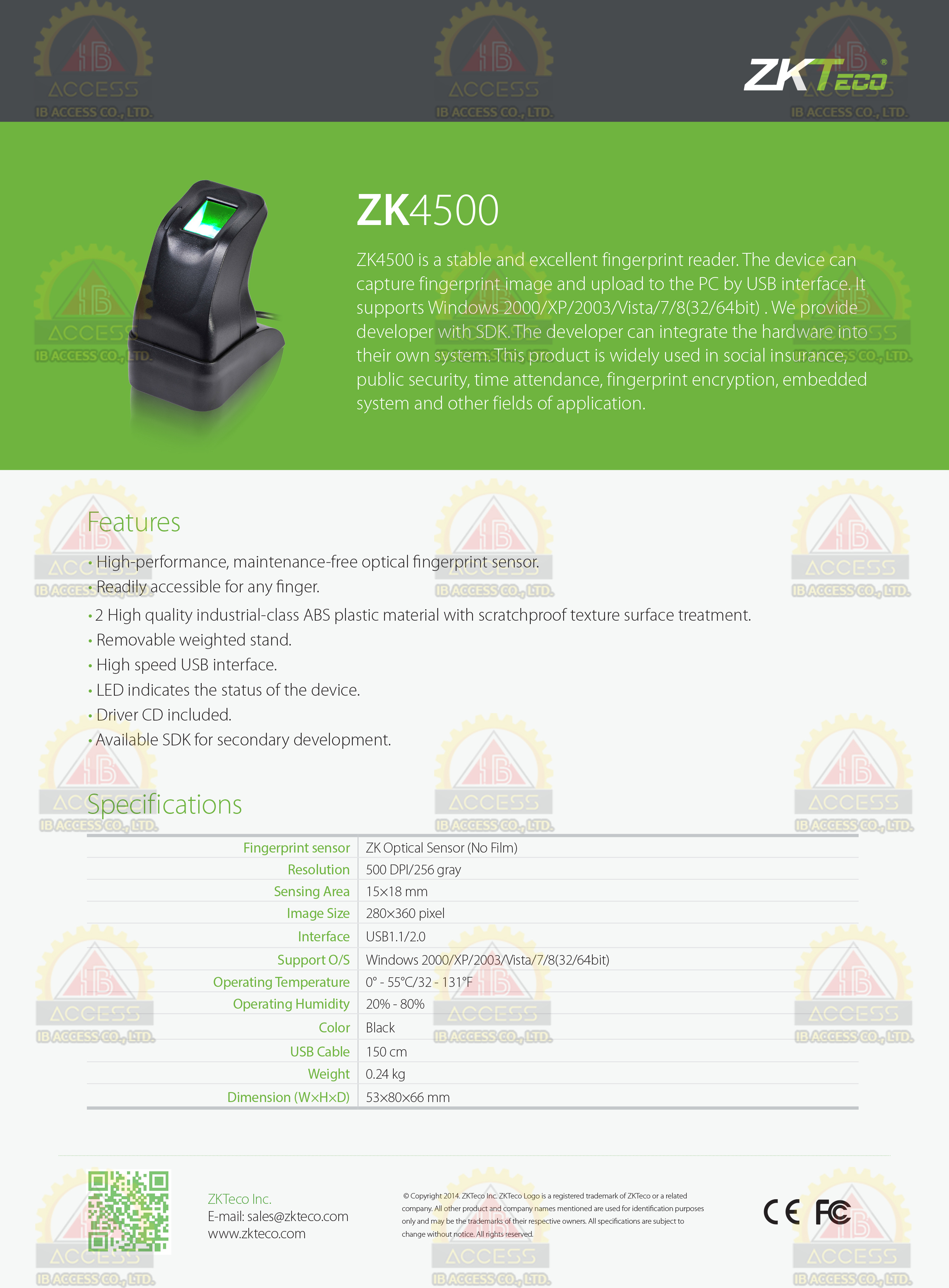 หัวอ่านลายนิ้วมือ ยี่ห้อ ZK Teco รุ่น ZK4500 สำหรับบันทึกลายนิ้วมือที่คอมพิวเตอร์