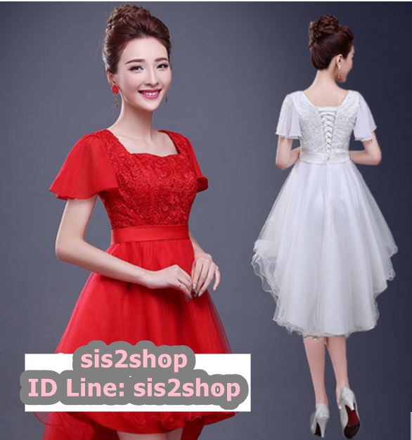 พร้อมส่ง ชุดราตรี ชุดราตรี สีแดง ลูกไม้ฉลุ กระโปรงหน้าสั้นหลังยาว 2XL- 6XL (เชือกผูกหลัง)