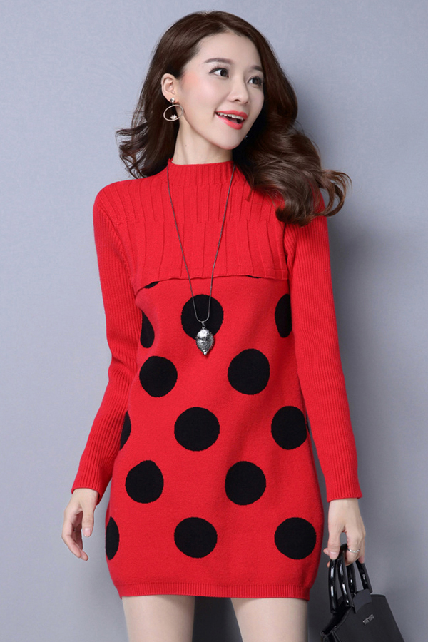 เดรสไหมพรมคอเต่า แขนยาว ถักลายวงกลม (12220B)