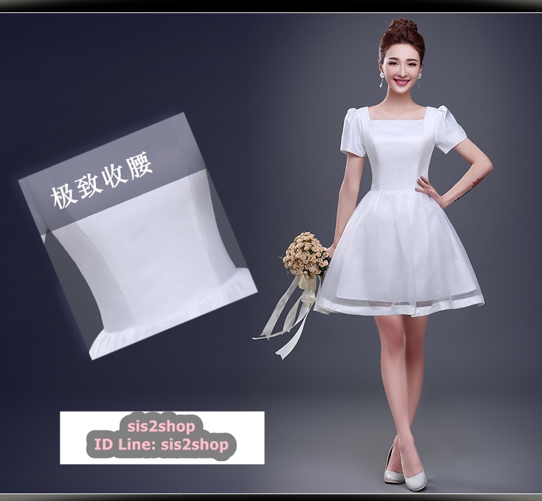 พร้อมส่ง ชุดราตรีสั้น สีขาว เรียบหรู แขนตุ๊กตา เนื้อซาติน + ผ้าโปร่ง มีซับใน เข็มกลัดโบว์ติดด้านหลัง (เชือกผูกหลัง)