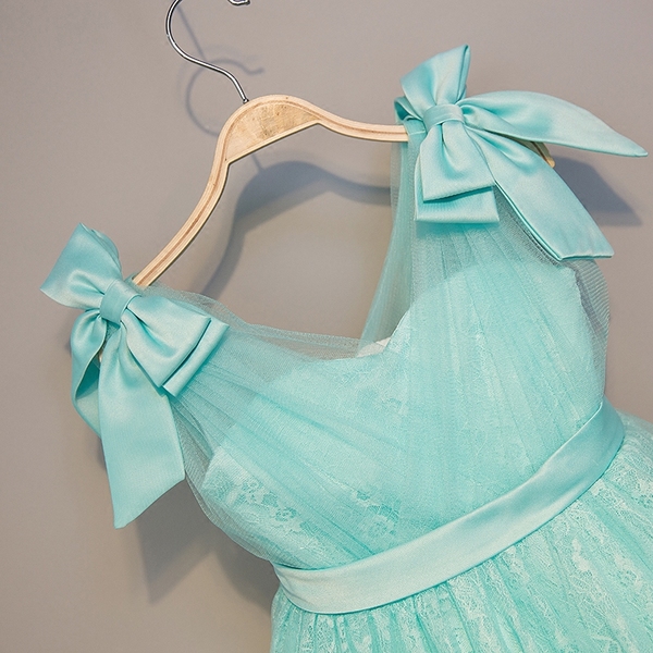 Pre-Order ชุดราตรีเด็ก สไตล์เจ้าหญิง แขนกุด แต่งโบว์ที่ไหล่ คาดผ้าที่เอว สีเขียวมิ้นต์ สีเหลือง มีซิป