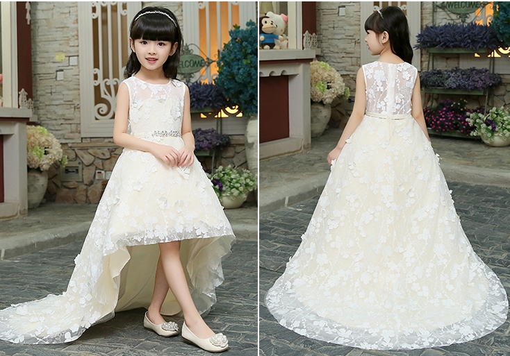 Pre-order ชุดราตรีเด็ก ชุดออกงาน ชุดกระโปรง สไตล์เจ้าหญิง แขนกุด ผ้าลูกไม้ แต่งเพชรช่วงเอว ปล่อยชายยาว มีซิปหลัง