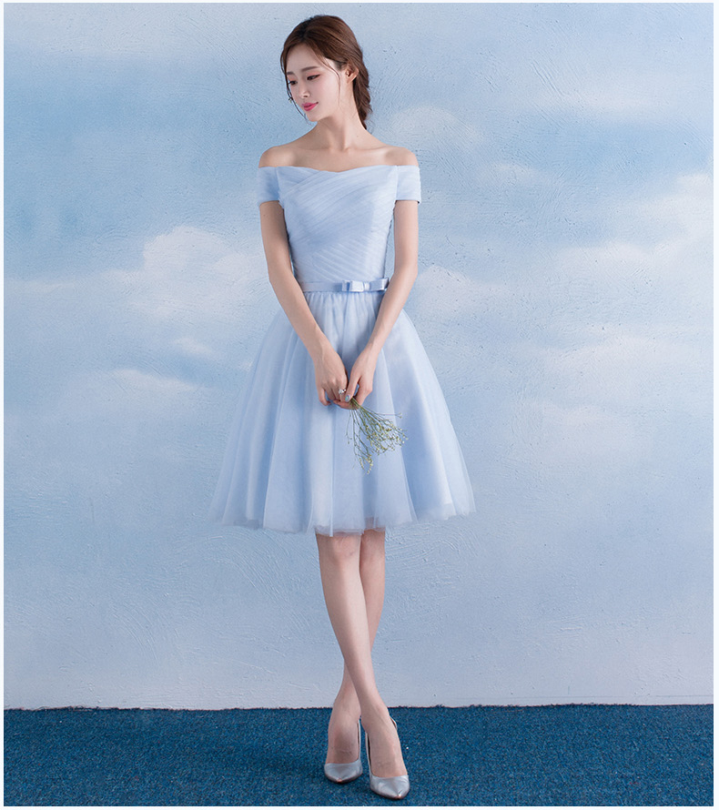 Pre-order ชุดราตรีสั้น เพื่อนเจ้าสาว กระโปรงตาข่าย มีหลายแบบ สีฟ้า (เชือกผูกหลัง)