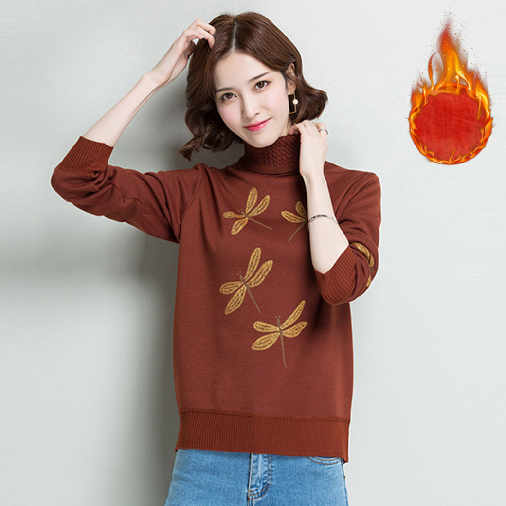 เสื้อคอเต่า เสื้อไหมพรมบุขนแคชเมียร์กันหนาว ปักลายผีเสื้อ (12380B)