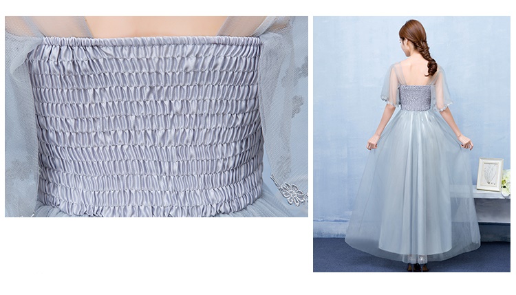 พร้อมส่ง ชุดราตรียาว เพื่อนเจ้าสาว กระโปรงตาข่าย สีเทา แขนระบาย พรางต้นแขน อกแต่งลูกไม้ พร้อมโบว์คาดเอว (จับสม๊อกด้านหลัง)