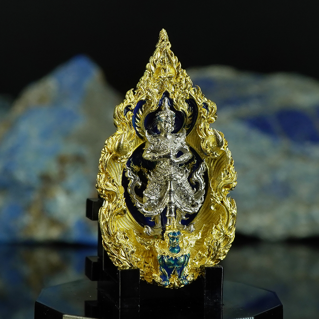 ท้าวเวสสุวรรณ ทรัพย์เทวา รายการที่ 12 เนื้อบรอนซ์ ชุบทอง องค์เงิน พื้นน้ำเงิน