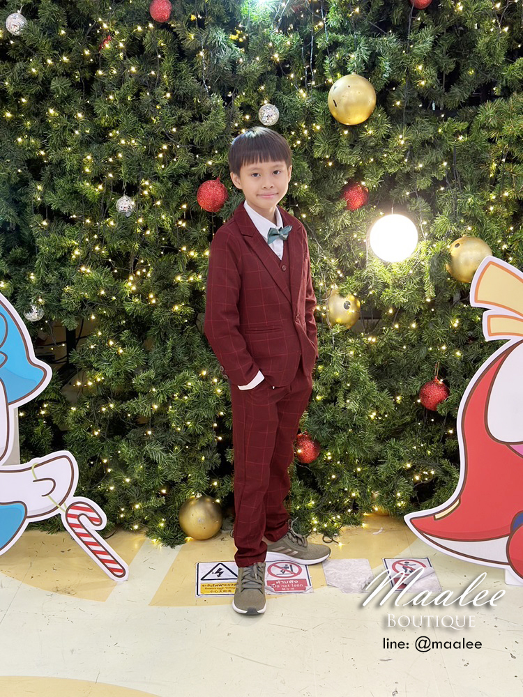 เช่า ชุดสูทเด็กชาย สีแดงเบอร์กันดี ลายตาราง สไตล์เกาหลี