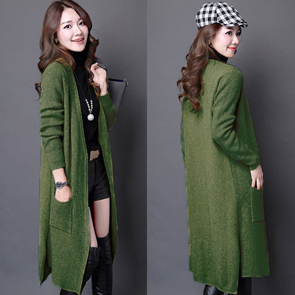 เสื้อคลุมกันหนาวตัวยาว ผ้าไหมพรมกึ่งวูลหนานุ่ม แต่งกระเป๋าคู่ (11657B)