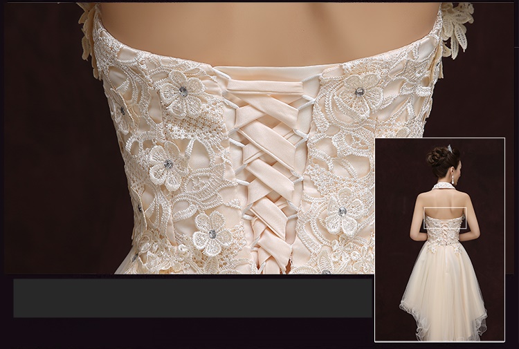 Pre-order ชุดราตรีสั้น เกาะอก ลูกไม้ หน้าสั้นหลังยาว พร้อมสร้อยคอลูกไม้ ถอดแยกได้ กระโปรงตาข่าย