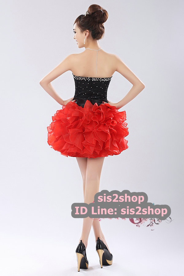 พร้อมเช่า ชุดแฟนซี ชุดราตรีสั้น เกาะอกแต่งคริสตัล สีดำ กระโปรงระบายสวยสีแดง