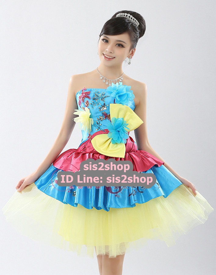 พร้อมเช่า ชุดแฟนซี ชุดราตรีสั้น กระโปรงระบาย สีหวาน แต่งดอกไม้และโบว์ที่เอว