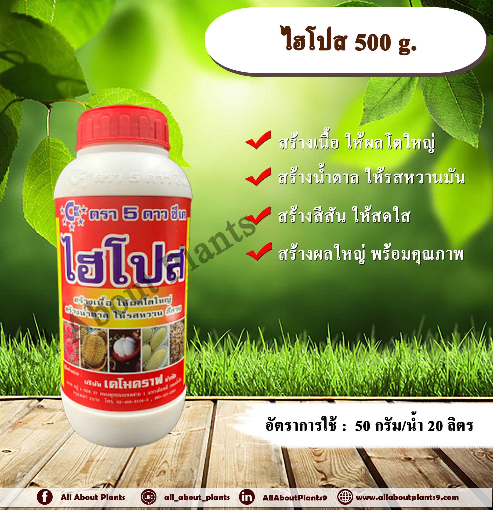 ไฮโปส 500g. NPK 10-4-36 สร้างเนื้อ ให้ผลโตใหญ่ สร้างน้ำตาล ให้รสหวานมัน สร้างสีสัน ให้สดใสสร้างผลใหญ่ พร้อมคุณภาพ allaboutplants ชิ้น
