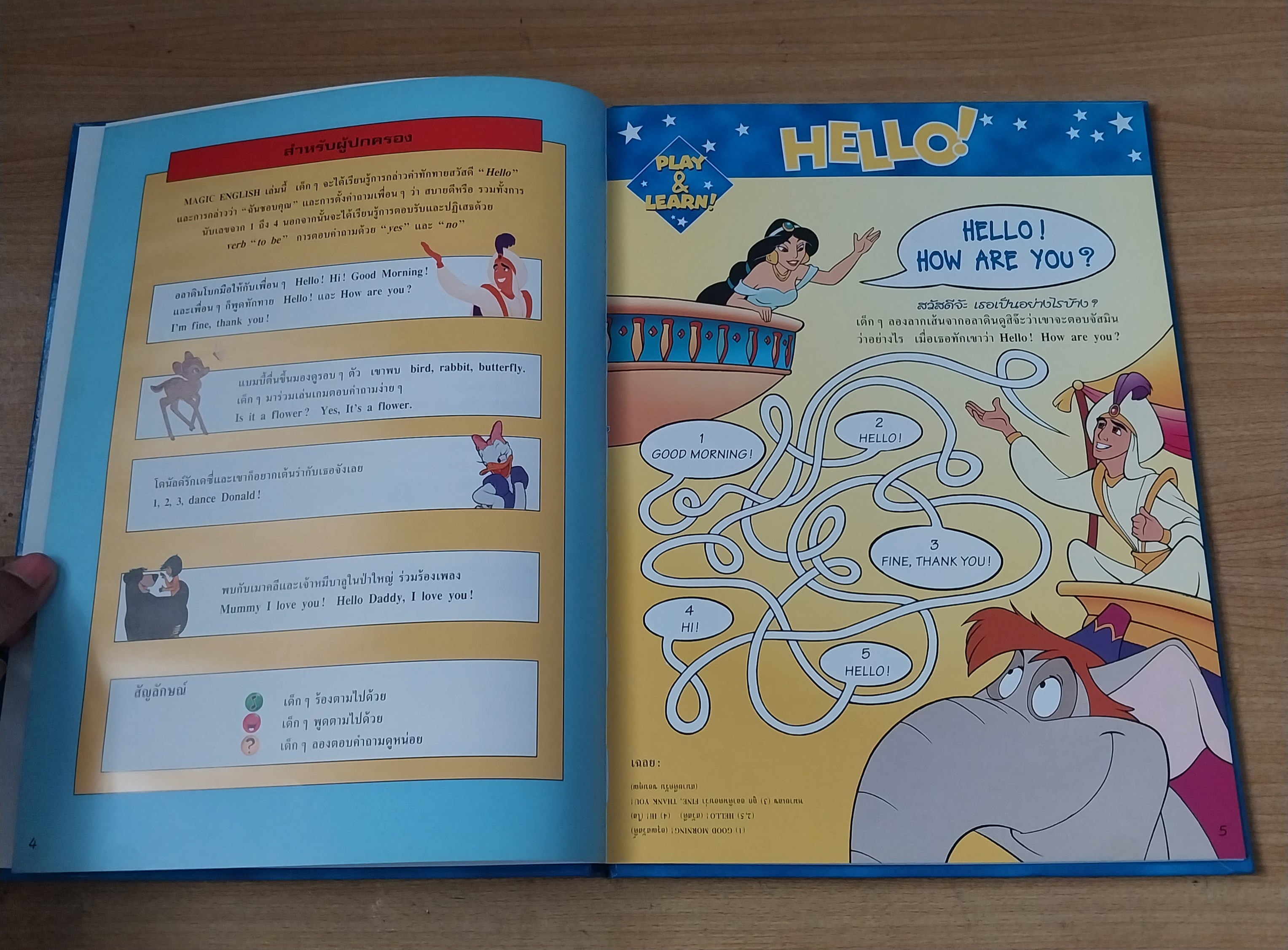 มีหลายภาพ Magic English เรียนภาษาอังกฤษกับดิสนีย์ ปกอาละดิน ตอน สวัสดีจ้ะ หนังสือปกแข็งจาก Grolier International. ภาษาอังกฤษ-ไทย