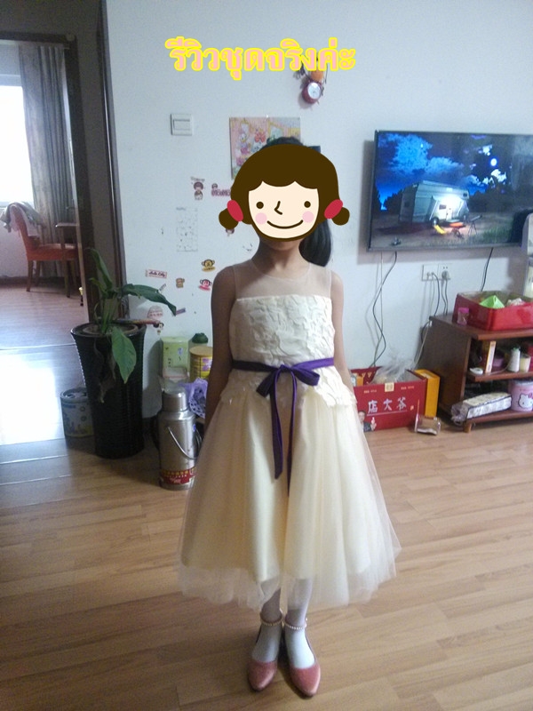 Pre-order ชุดราตรีเด็ก ชุดออกงาน ชุดกระโปรง สไตล์เจ้าหญิง แขนกุด คอกลม ผ้าลูกไม้ กระโปรงตาข่าย แต่งโบว์ด้านหลัง มีซิป