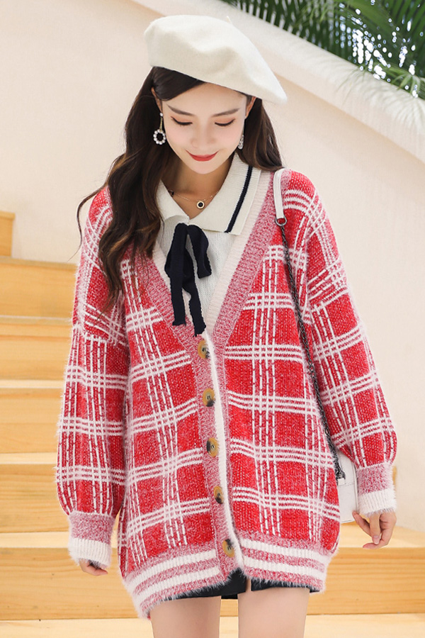 Premium Cardigan เสื้อคลุมไหมพรมขนนุ่ม คอวี ถักลายตาราง (12276B)