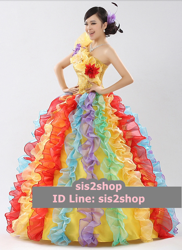 พร้อมเช่า ชุดแฟนซียาว สีรุ้ง เกาะอก ไหล่เดียว ระบายฟูสวย ซิปหลัง