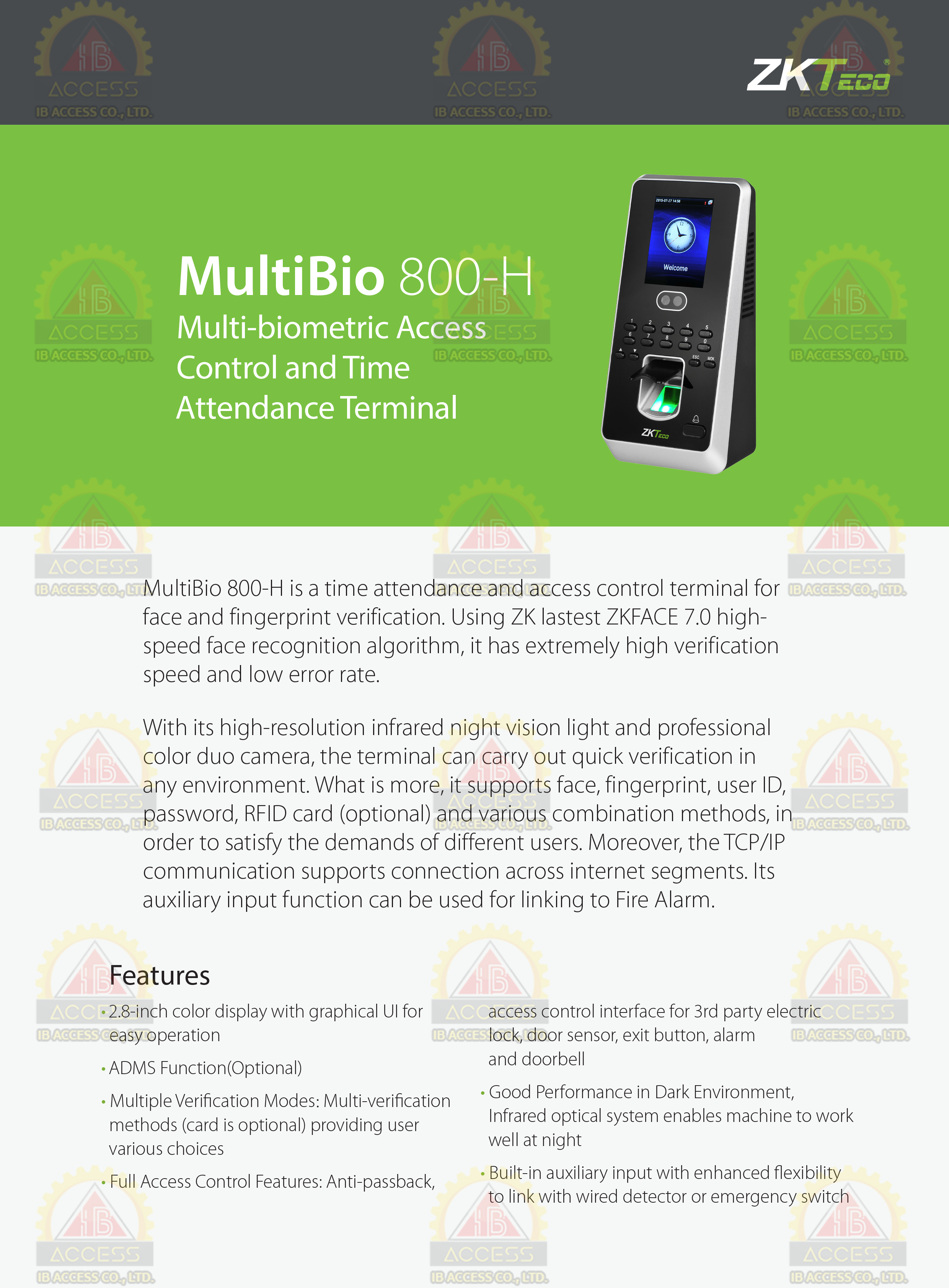 เครื่องสแกนใบหน้า ยี่ห้อ ZKTeco รุ่น Multibio800-H รองรับระบบ Access Control