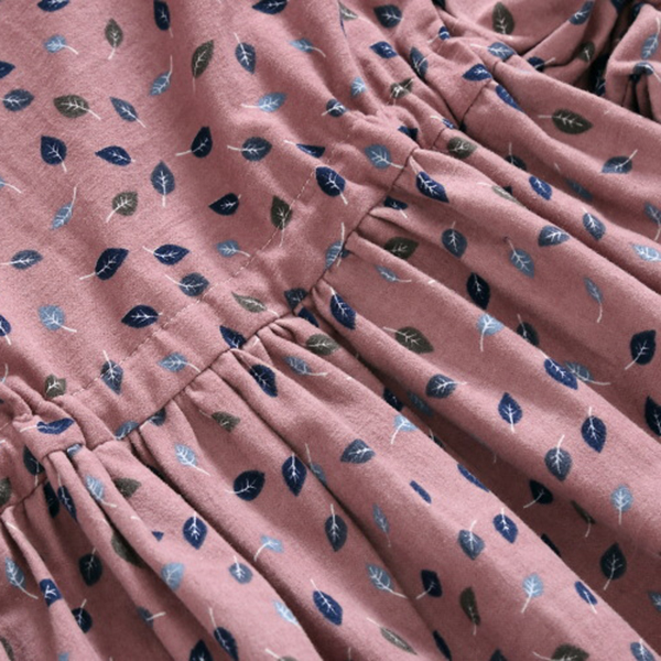 เดรสเชิ้ตคอจีน เอวผูกจั๊ม ลายใบไม้จิ๋ว (12283LM)