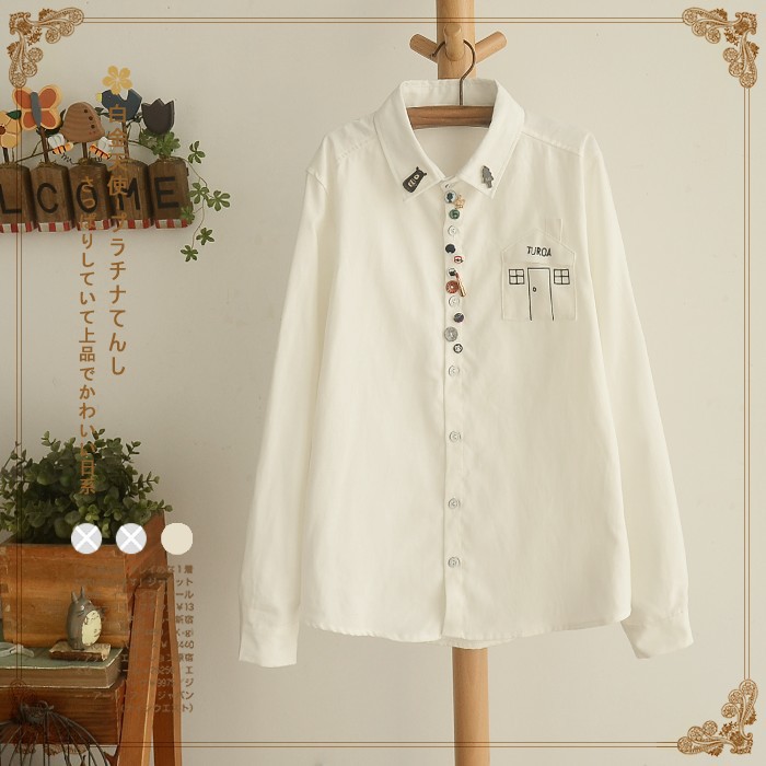 เสื้อเชิ้ตแขนยาว แต่งกระดุมปักลายวินเทจ (12149LM)