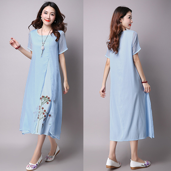 เดรสยาวแฟชั่นวินเทจ ผ้าทอพิมพ์ลาย ชายพริ้วสวย (11809M)