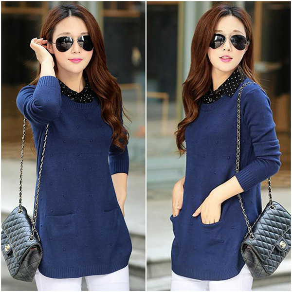 เสื้อสเวตเตอร์ไหมพรม คอปกเชิ้ตลายจุด แต่งกระเป๋าคู่ (12217B)