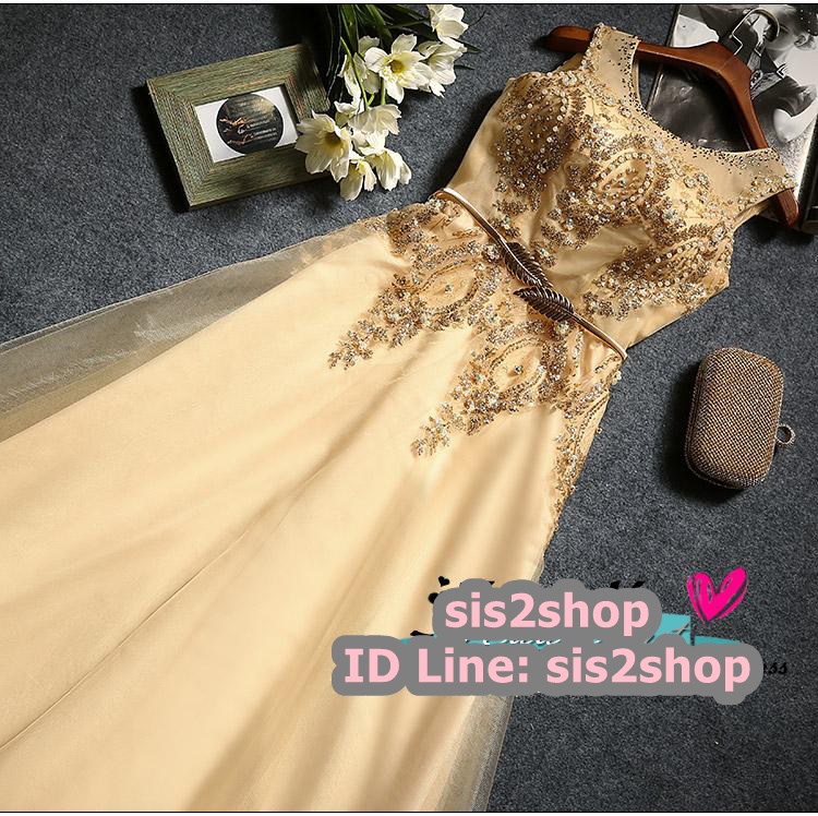 พร้อมส่ง ชุดราตรียาว แขนกุด สีทอง แต่งเกล็ดสีทอง พร้อมมุก ระยิบระยับ เนื้อผ้าตาข่าย มาพร้อมเข็มขัดรูปใบไม้สีทองเข้าชุด (ซิปหลัง)