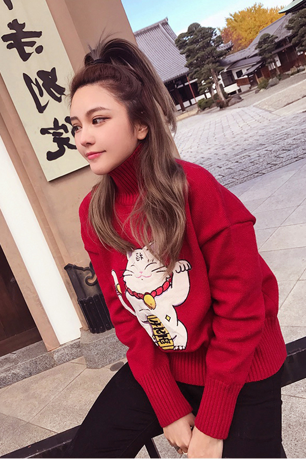 เสื้อไหมพรมคอเต่า แขนยาว ปักผ้ากำมะหยี่ลายแมว (12269B)