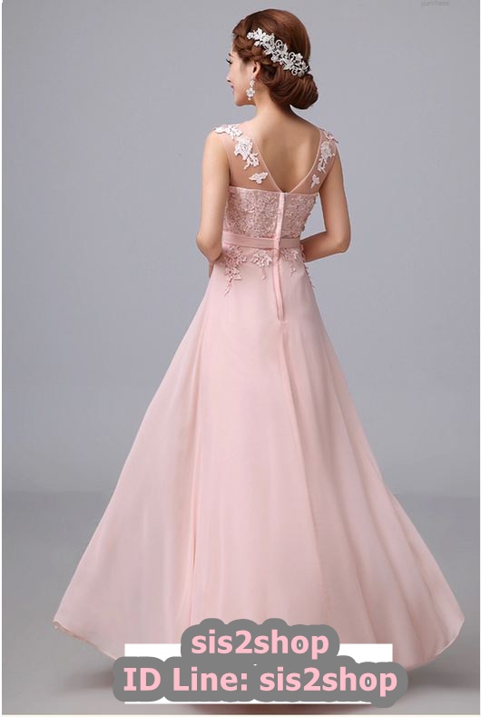 พร้อมส่ง ชุดราตรียาว สีชมพู แบบเรียบหรู แต่งลูกไม้เซาะดอก ปักลูกปัดมุก