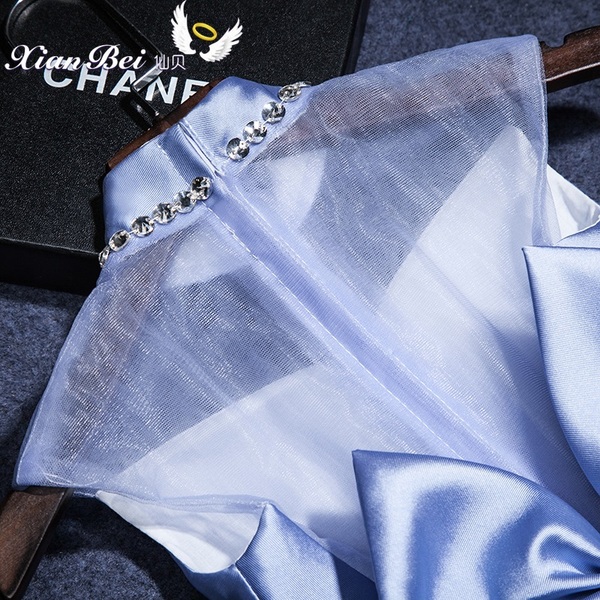 Pre-Order ชุดราตรีเด็ก สไตล์เจ้าหญิง แขนกุด คอจีน สีฟ้า ผ้าซาติน คาดโบว์ที่เอว ซิปหลัง